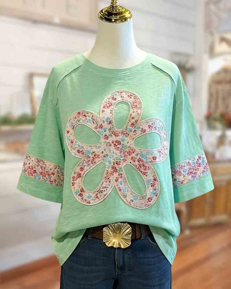 Blossom | Flower Appliqué Round Neck Top