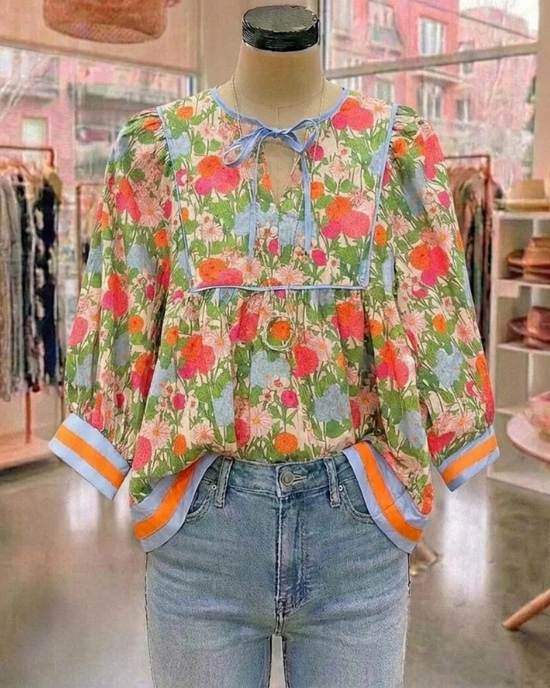 Nina | Patchwork Floral Tie Neck Blouse