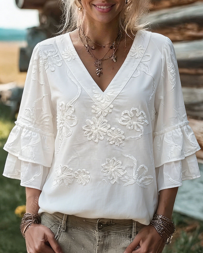 Celeste | Glamorous Ruffle Sleeve V-Neck Blouse