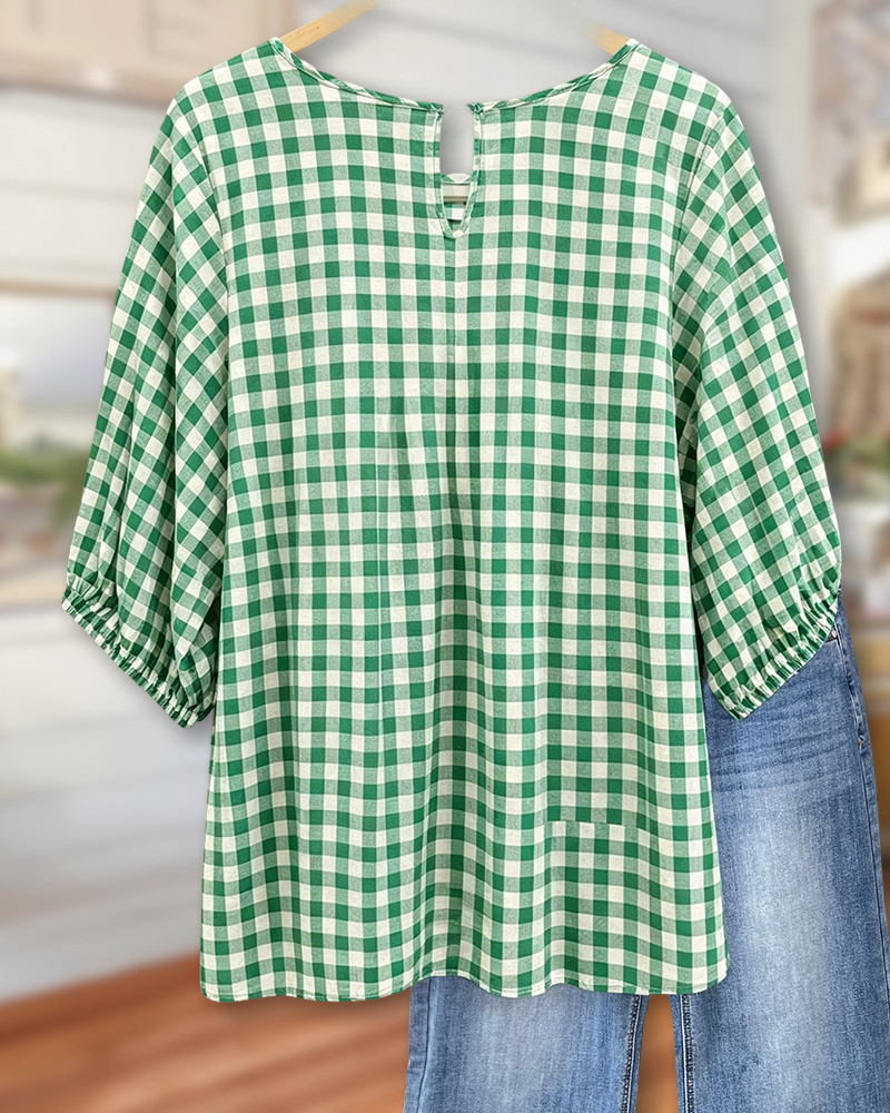 Pippa | Gingham Pleated Round Neck Blouse