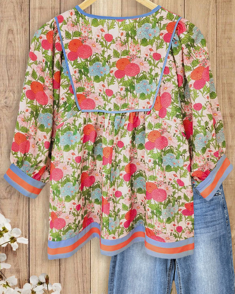 Nina | Patchwork Floral Tie Neck Blouse