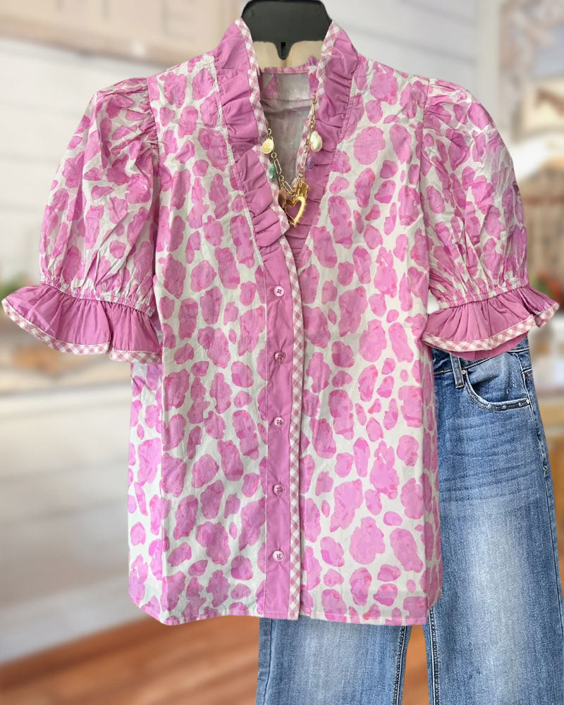 Jade | Leopard Print Ruffle Button Blouse