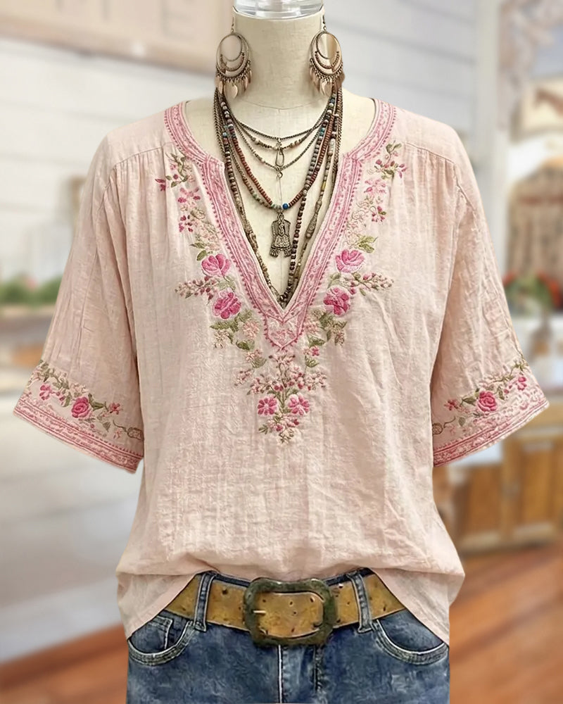 Sage | Floral Embroidery V-Neck Blouse