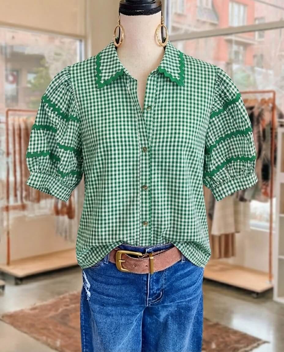 Molly | Gingham Ricrac Button Down Blouse