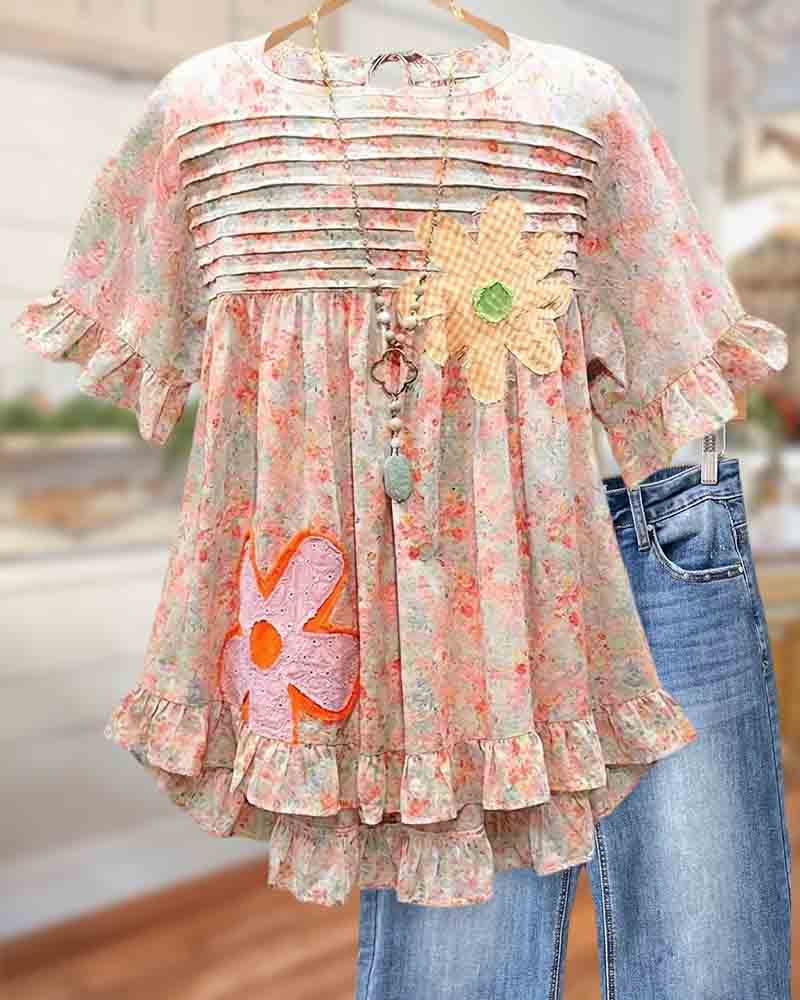 Penny | Floral Appliqué Ruffle Trim Blouse