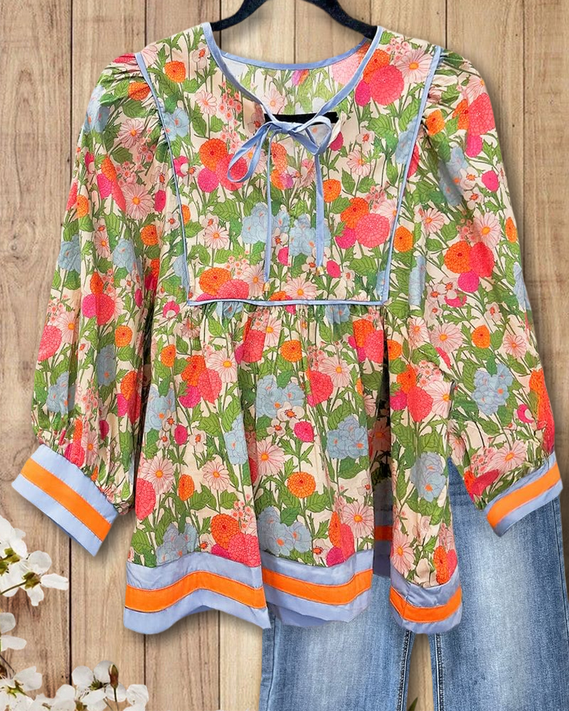 Nina | Patchwork Floral Tie Neck Blouse