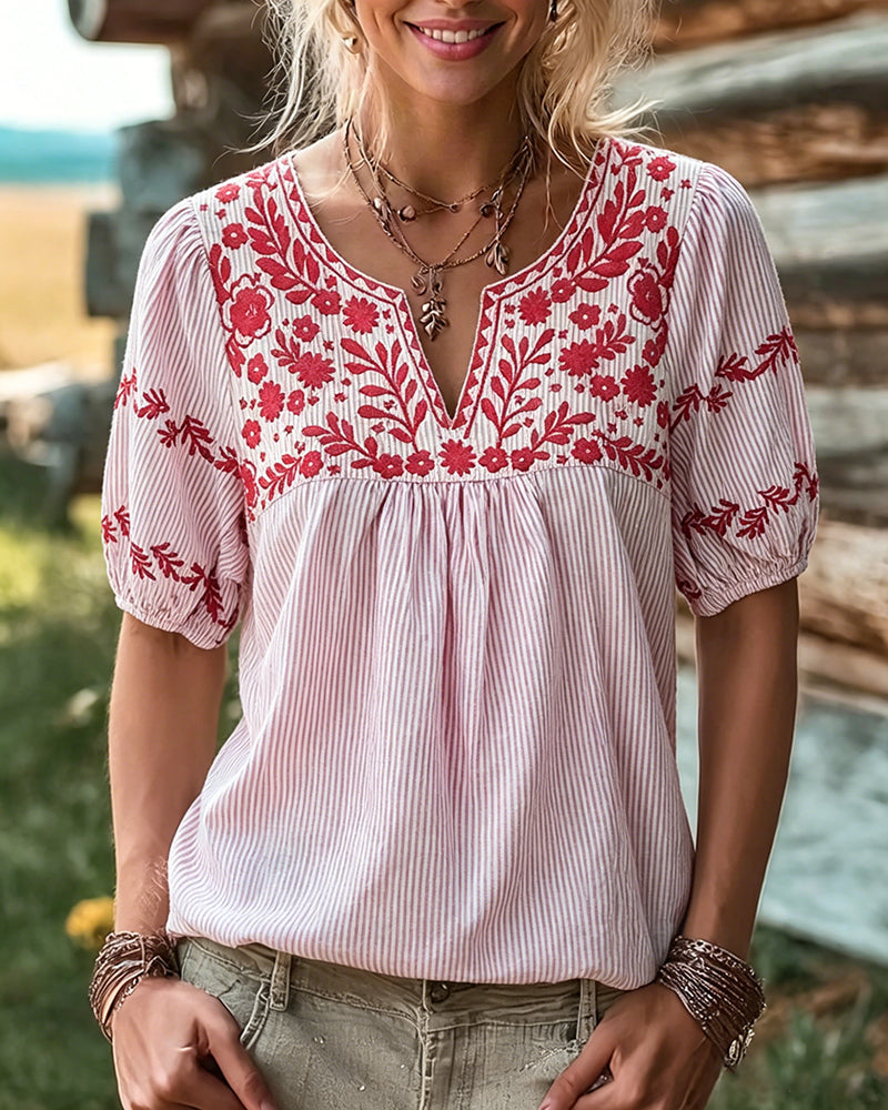 Elena | Floral Embroidery V-Neck Blouse