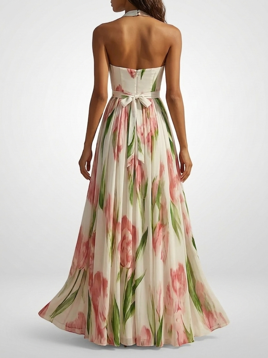 Chiffon Halter Maxi Dress | Floral Watercolor Print
