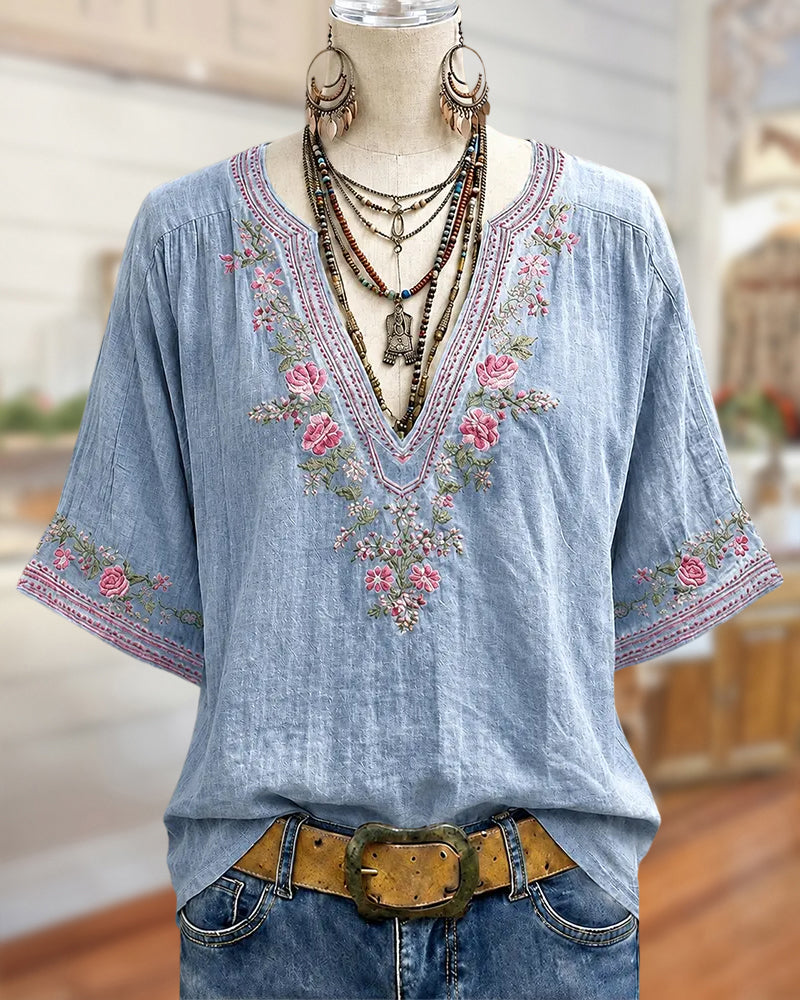 Sage | Floral Embroidery V-Neck Blouse