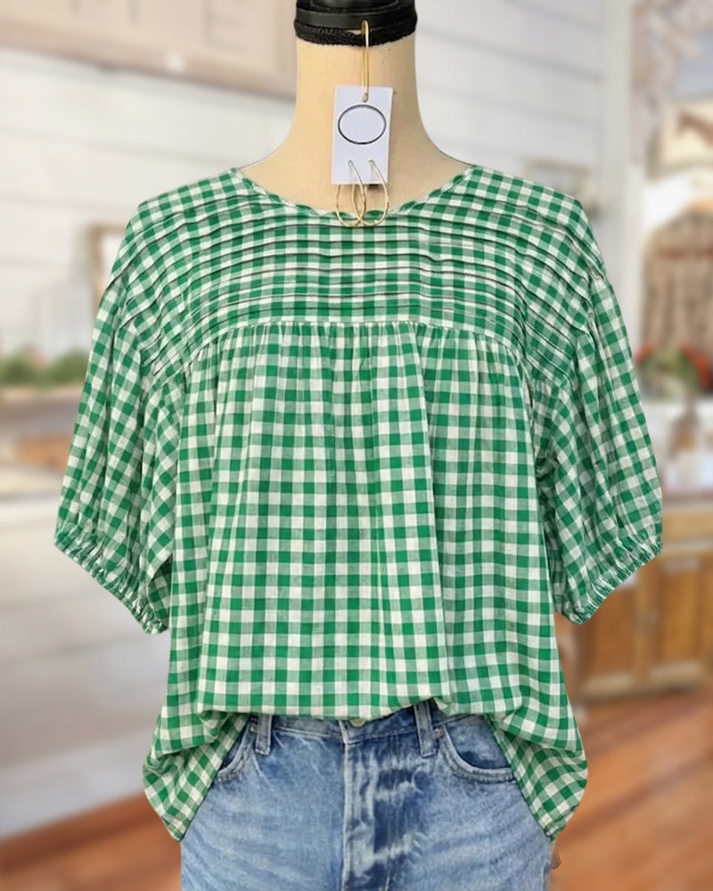 Pippa | Gingham Pleated Round Neck Blouse