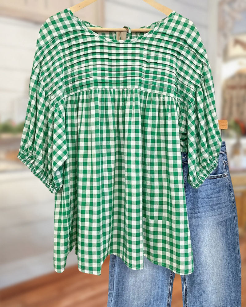 Pippa | Gingham Pleated Round Neck Blouse