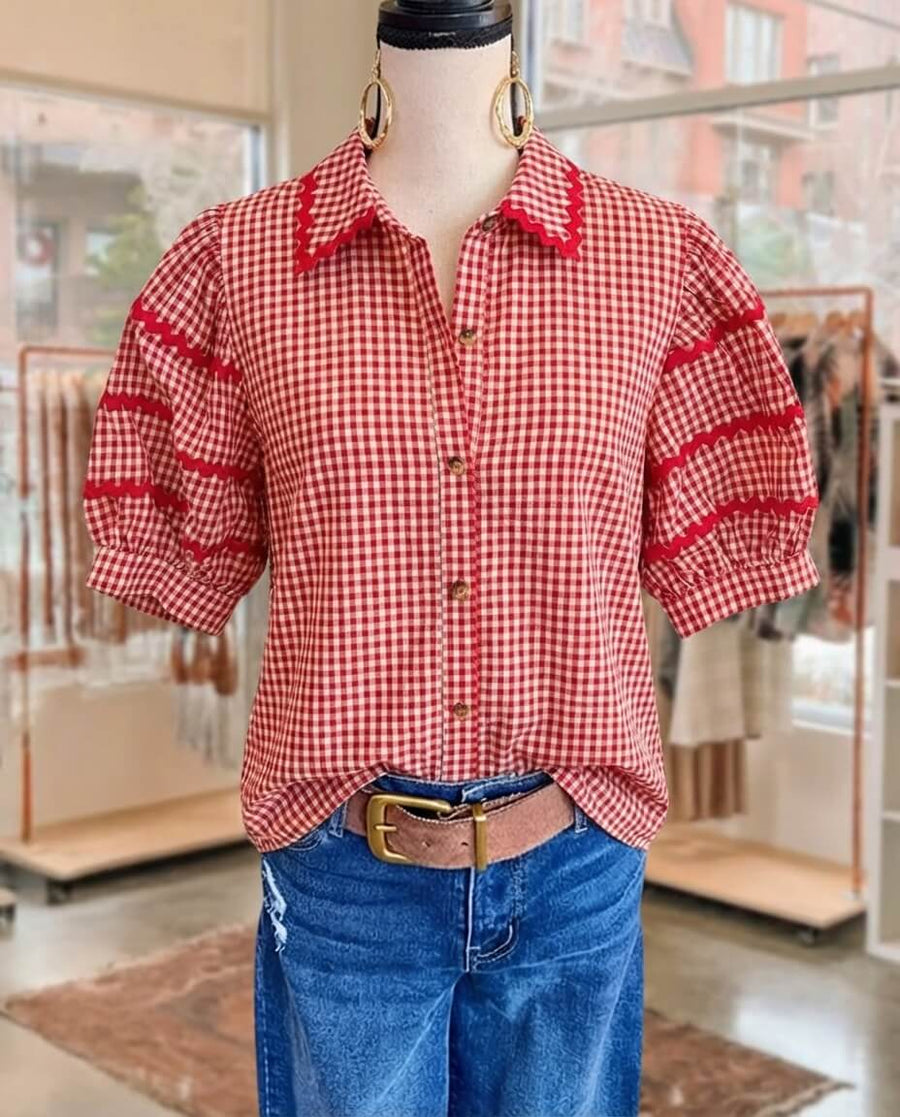 Molly | Gingham Ricrac Button Down Blouse