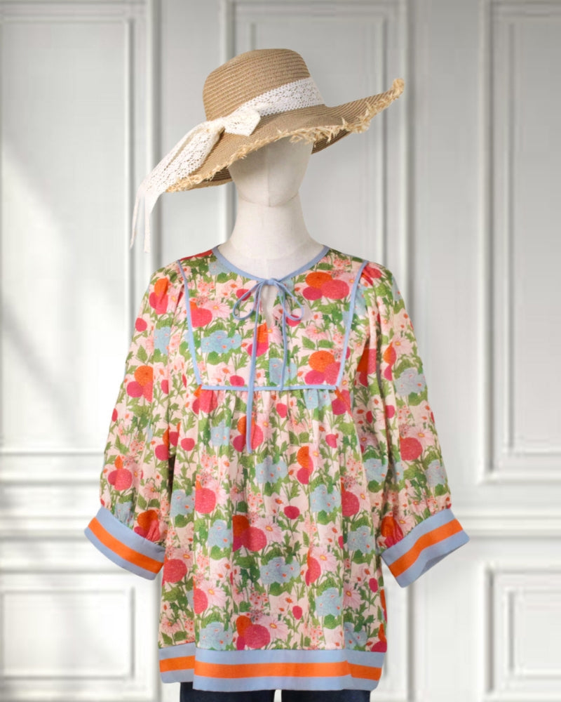 Nina | Patchwork Floral Tie Neck Blouse