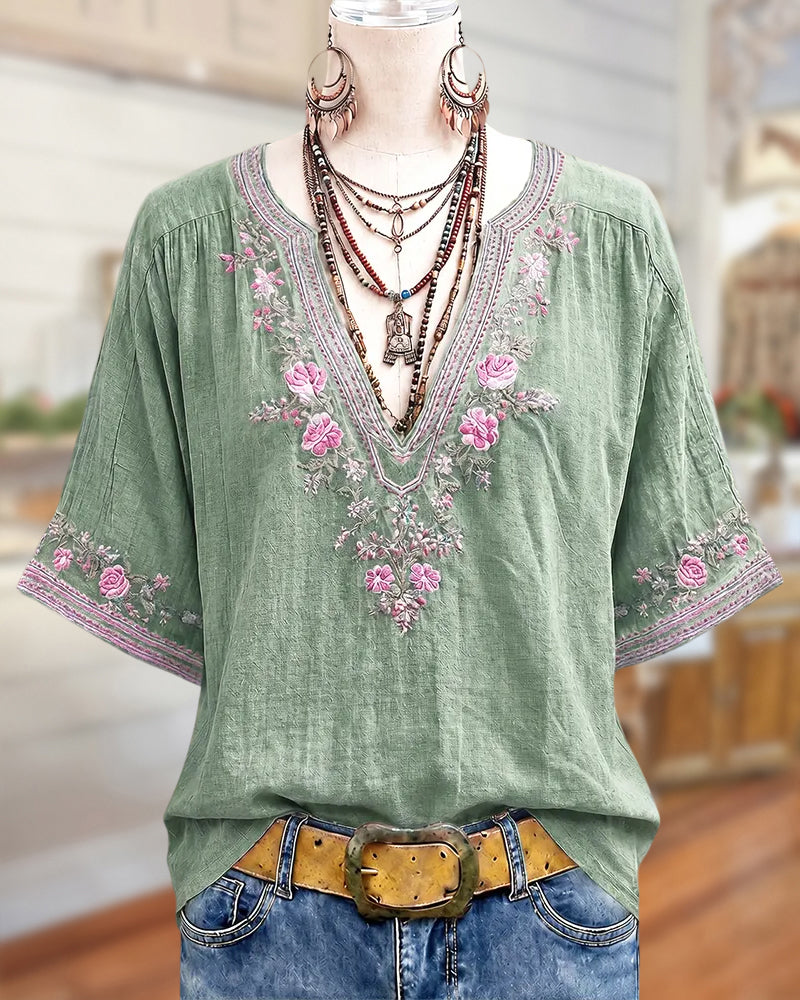 Sage | Floral Embroidery V-Neck Blouse