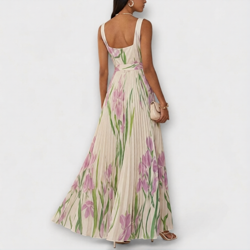 Floral Garden Dress | Spring Chiffon Pleated Maxi